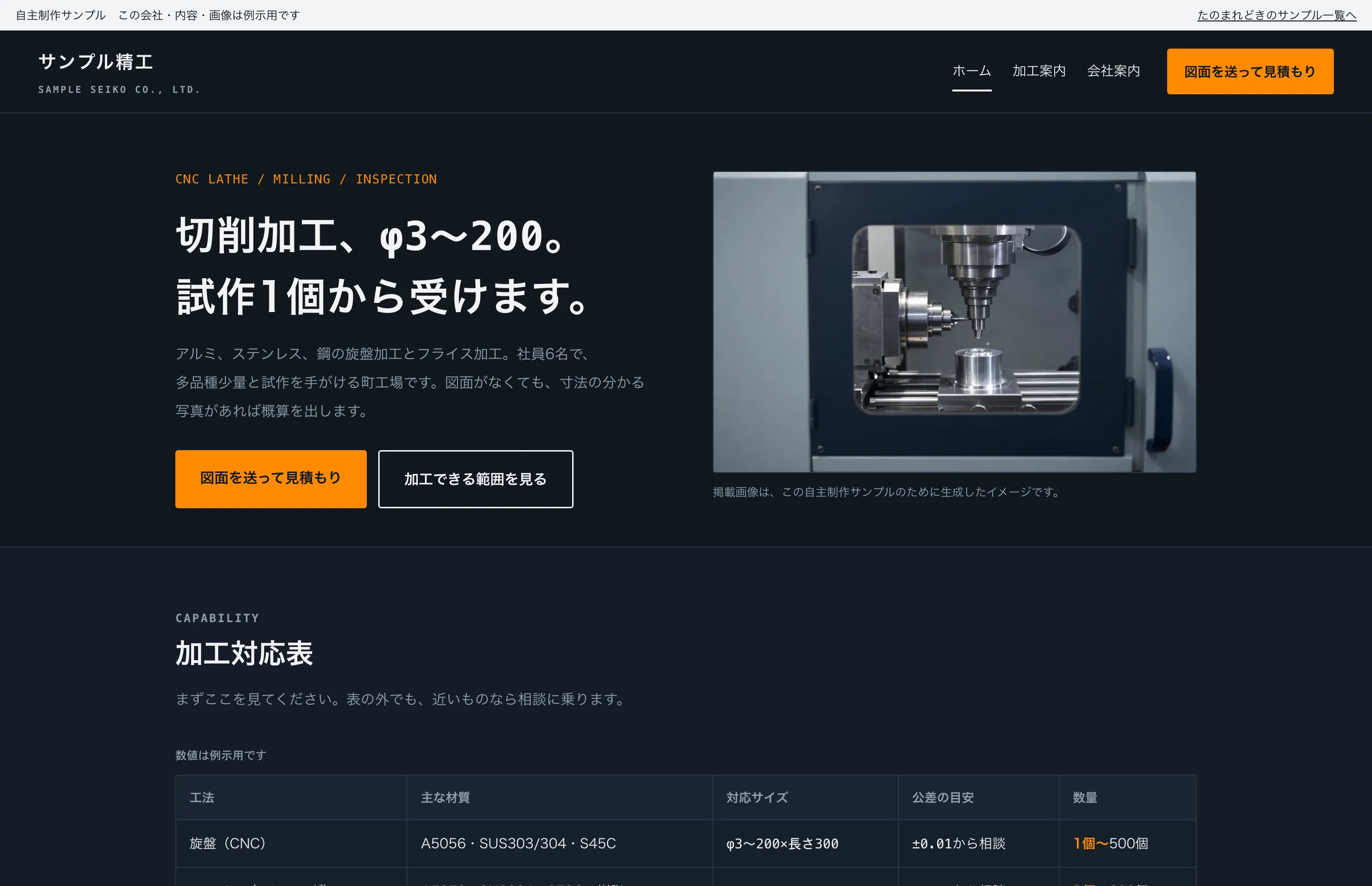 町工場サイトの見本。加工できる範囲を表で先に示している