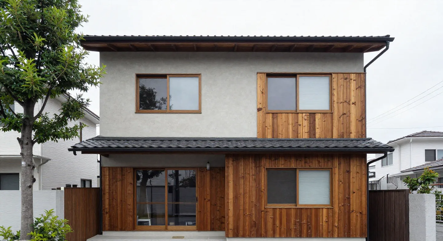 木の外壁と深い軒を持つ二階建て住宅の外観。自主制作サンプル用に生成したイメージ