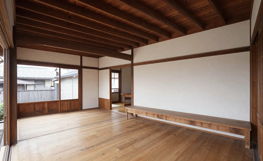 中庭につながる木造住宅の居間。自主制作サンプル用に生成したイメージ
