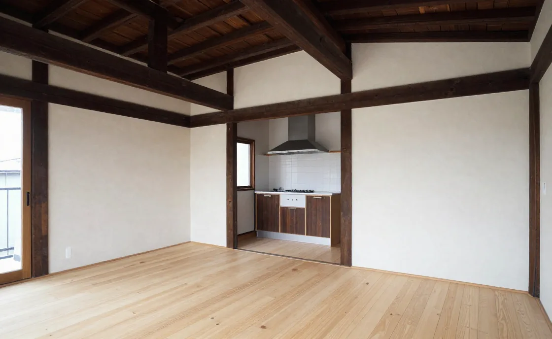 既存の梁を残して改修した住宅の室内。自主制作サンプル用に生成したイメージ