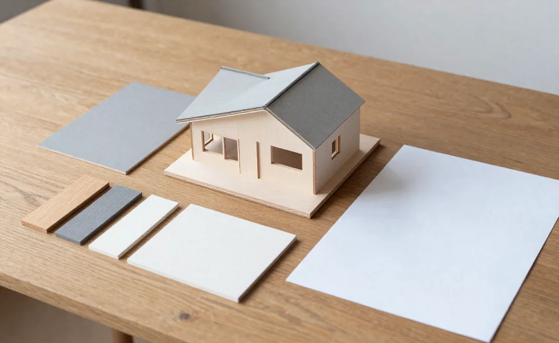 住宅模型と木や左官の素材見本を作業台に並べた様子。自主制作サンプル用に生成したイメージ