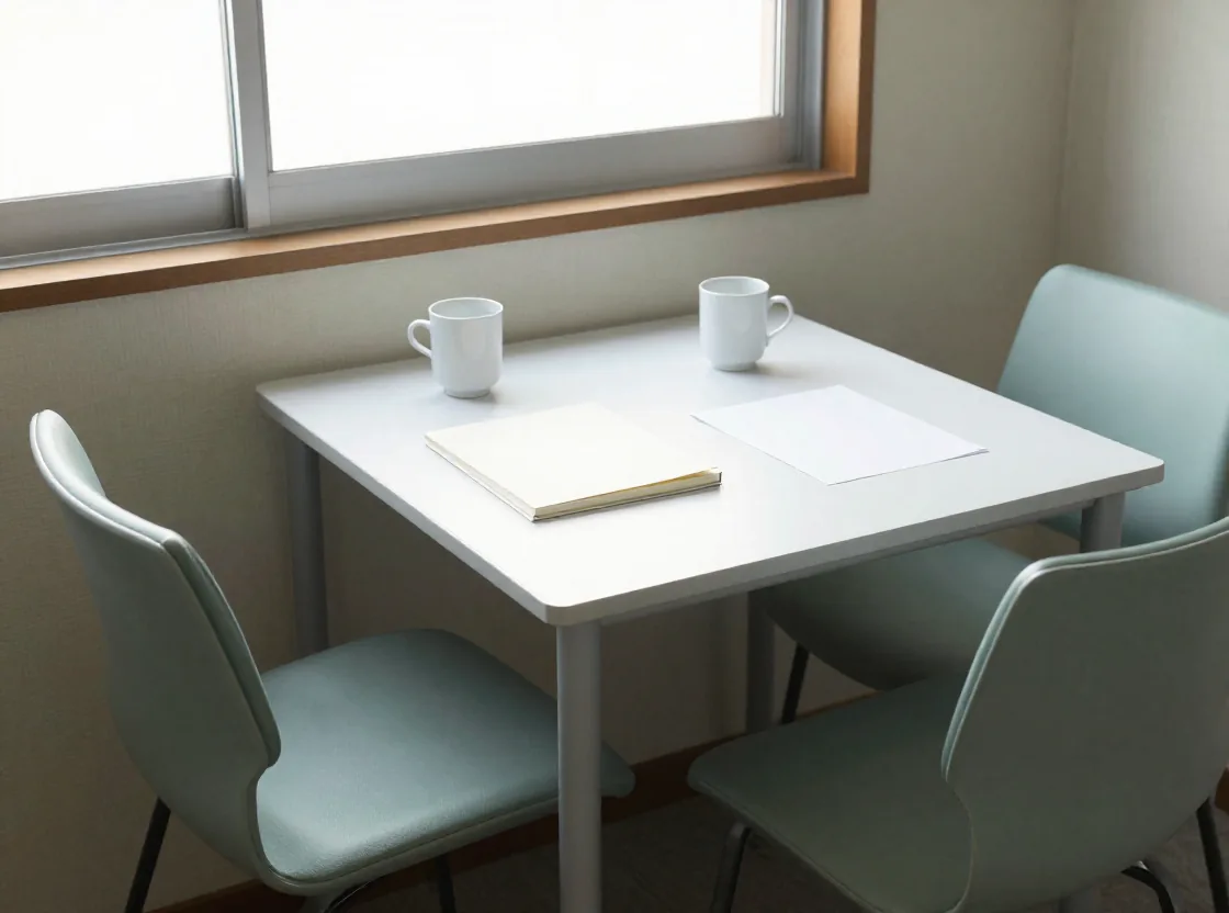 窓辺に相談用の机と椅子2脚がある小さな事務所。自主制作サンプル用に生成したイメージ